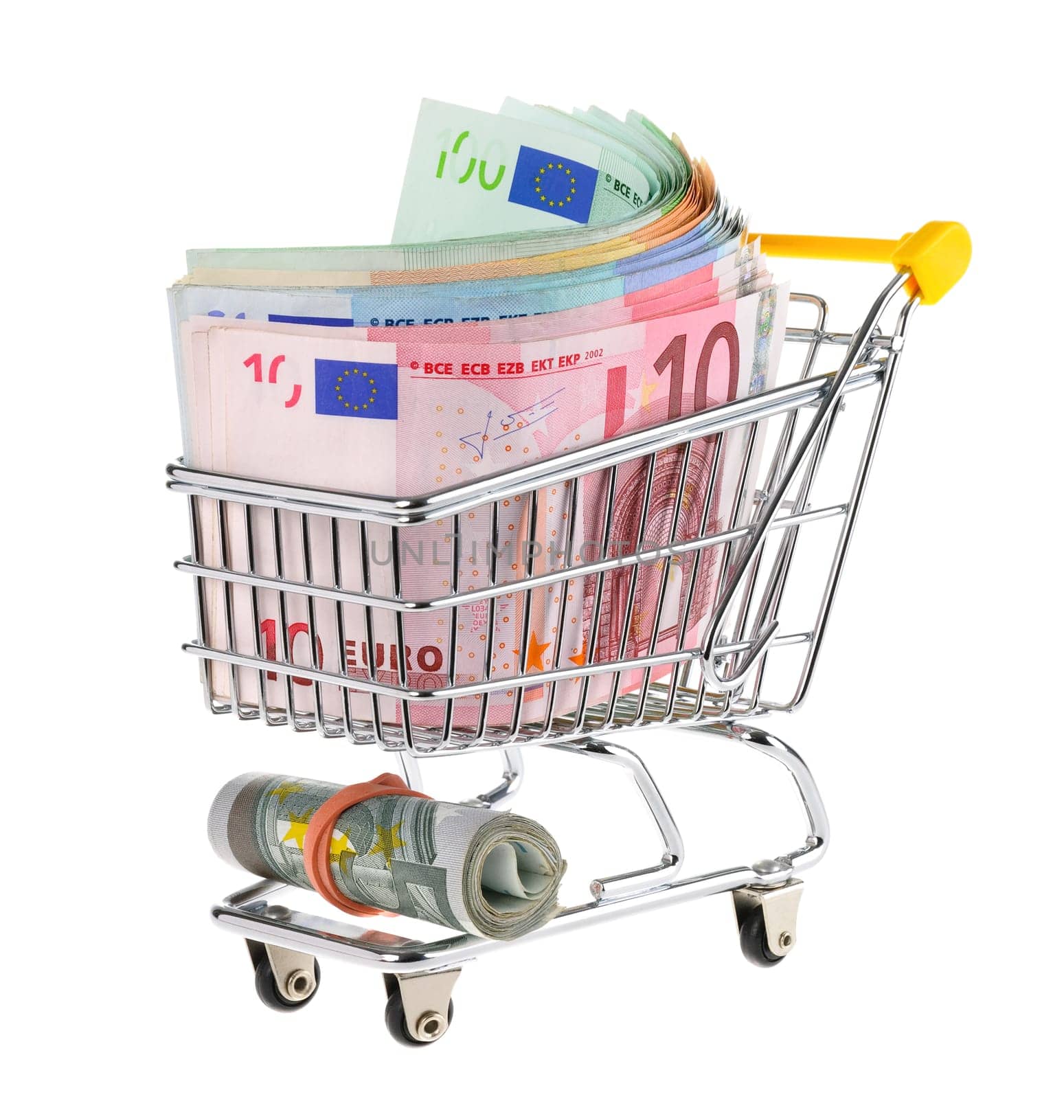 A stack of euro bills in a shopping cart,isolated on white