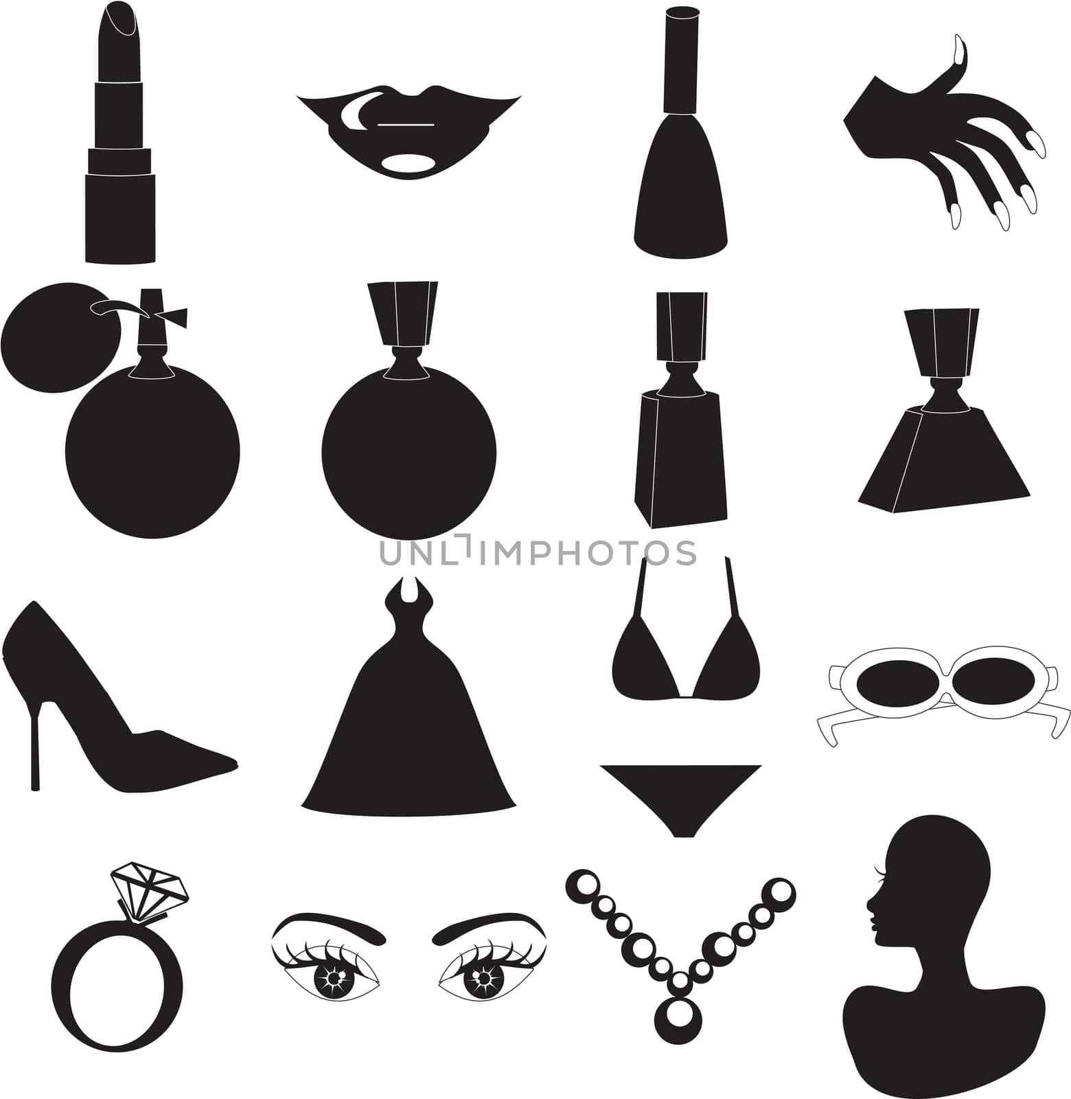 12 Vector Silhouette Icons for Beauty or Fashion. Also available as buttons and in color.