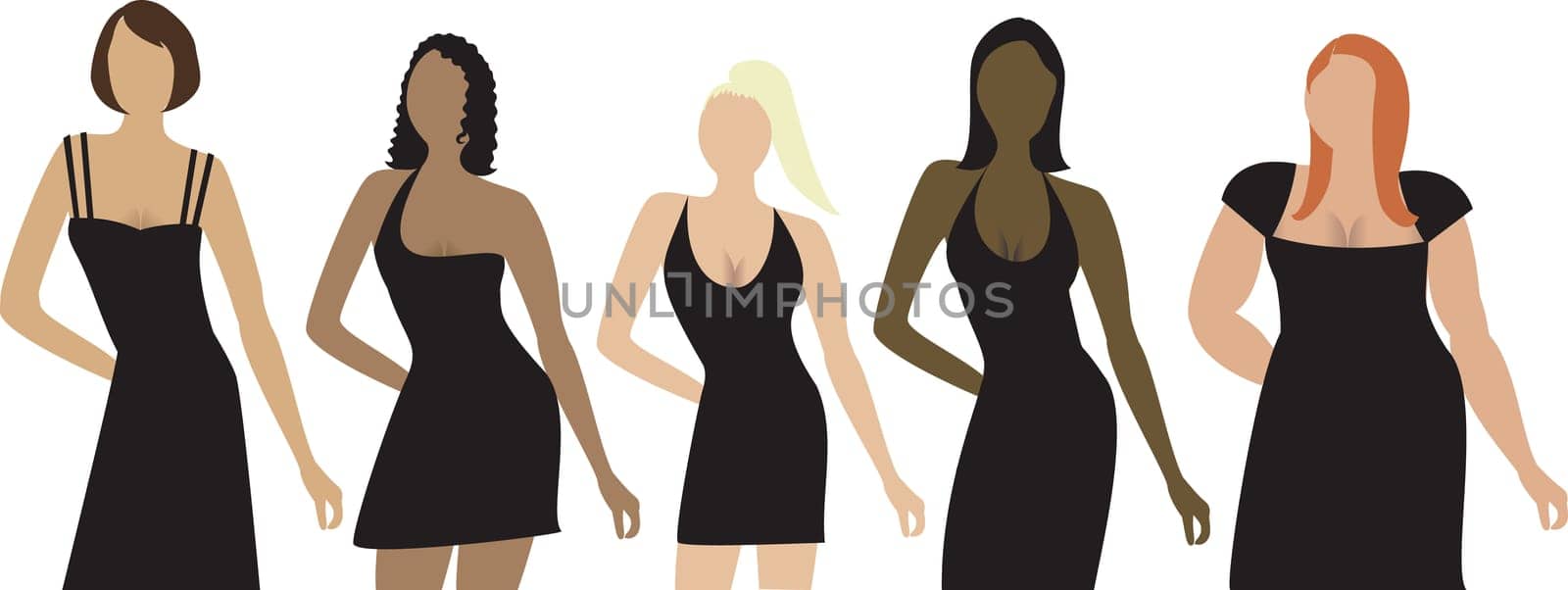 Five women of different shapes, sizes and ethnicities with black dress. Can be used for a party invitation, diversity or sizing.