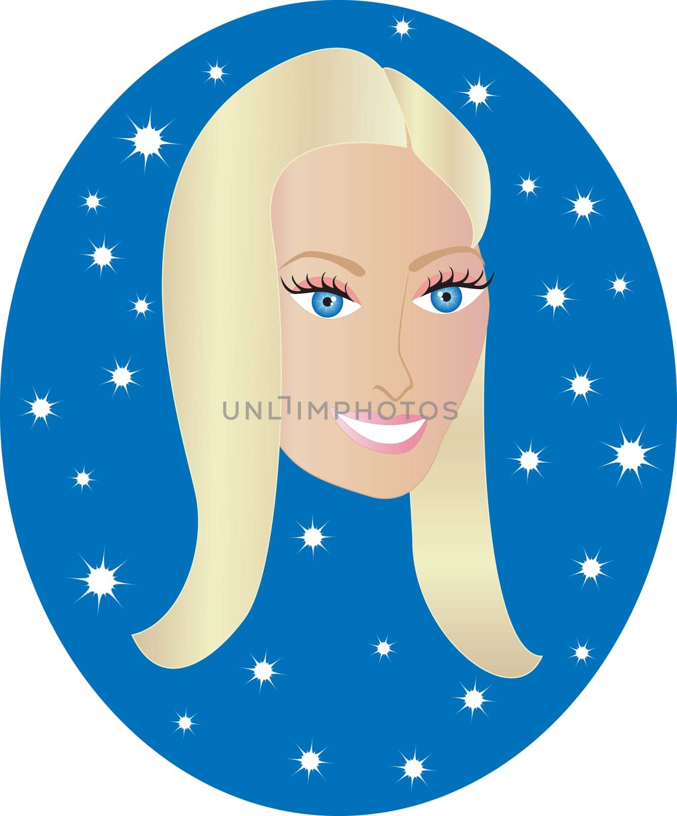 Vector blond happy girl with blue background. Great for personalization, see many other faces with different looks.
