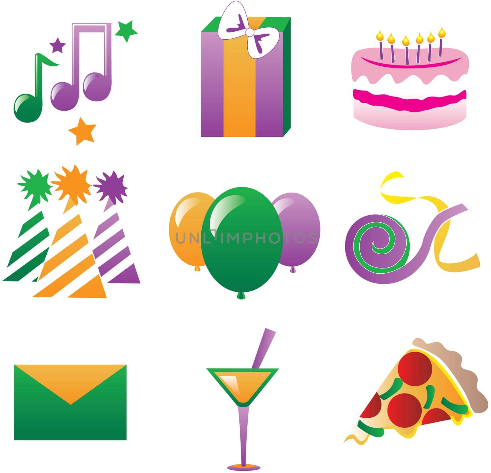 Nine fun party icons. Vector Illustration easy to edit, also available in other colors.