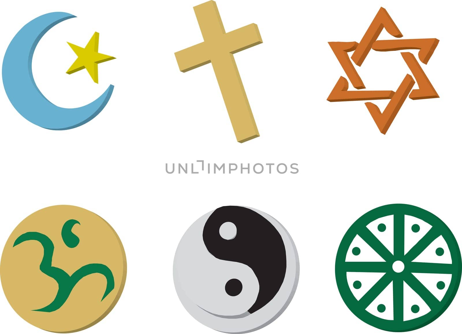 Vector Illustration of 6 religious icons in 3D style.