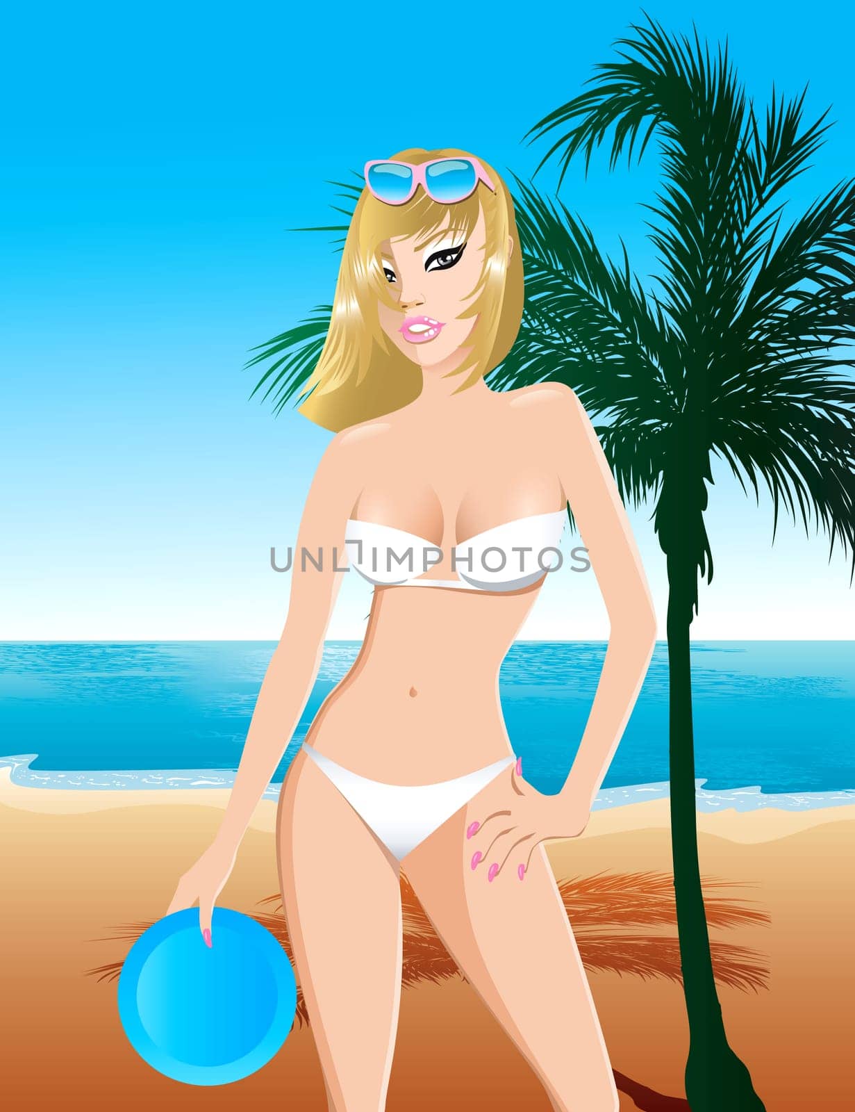Vector Illustration of a white swimsuit girl on the beach with a frisbee and palm tree.