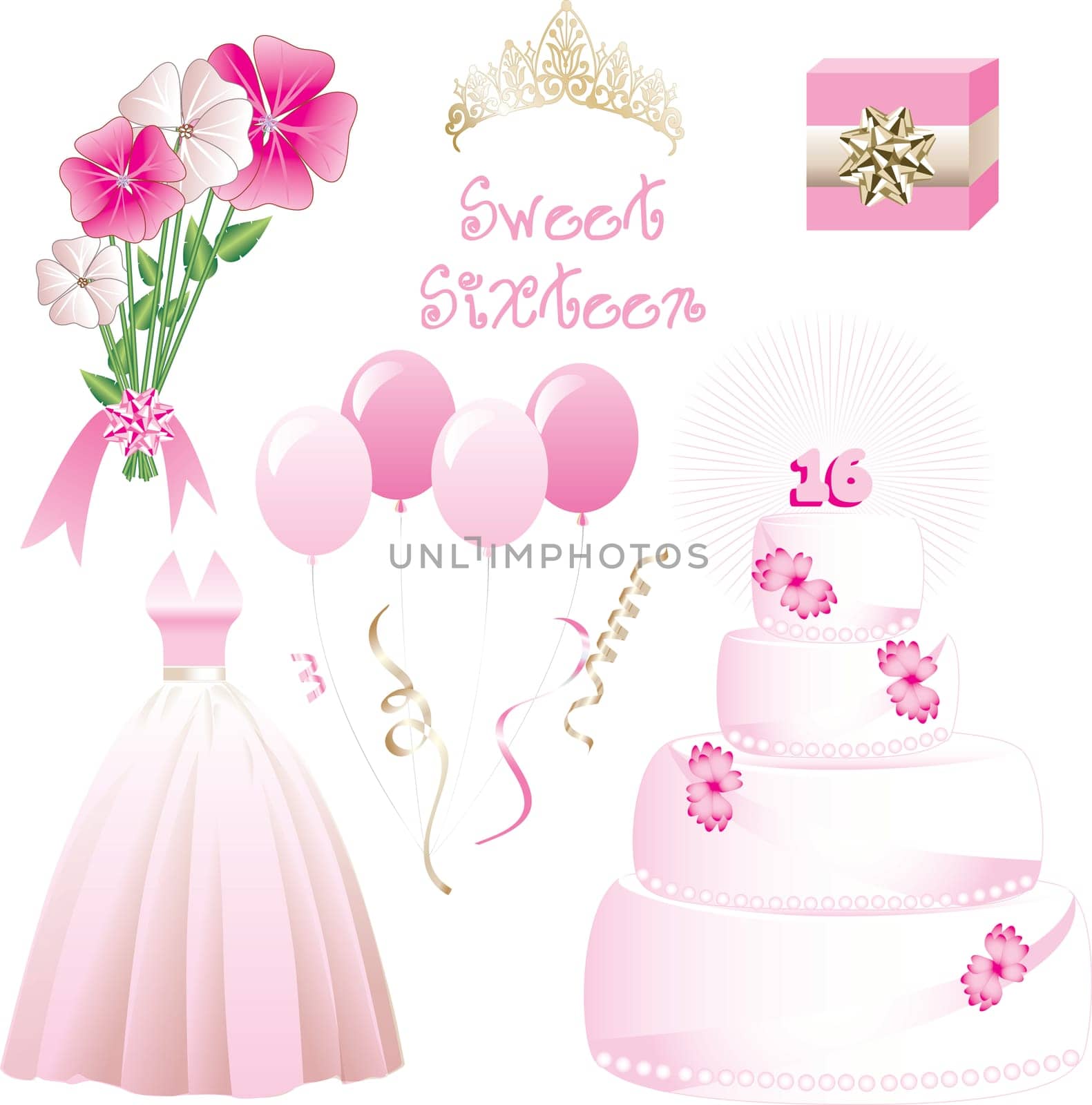 Vector Illustration of icons for a sweet sixteen birthday party. May also be used for Quinceanera, Wedding or Prom.