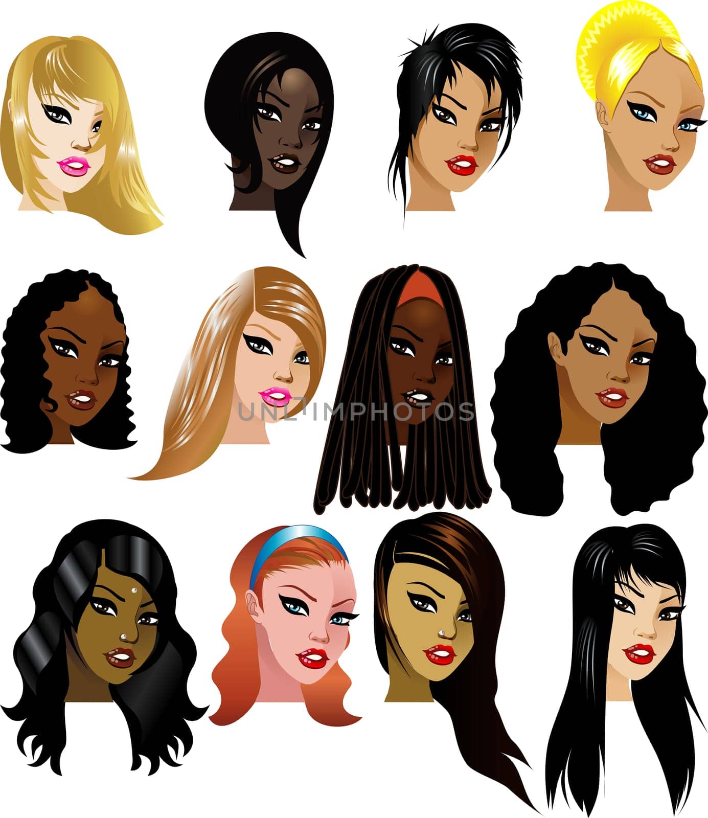 Vector Illustration of 12 Women Faces 3. Great for avatars, makeup, skin tones or hair styles of women.