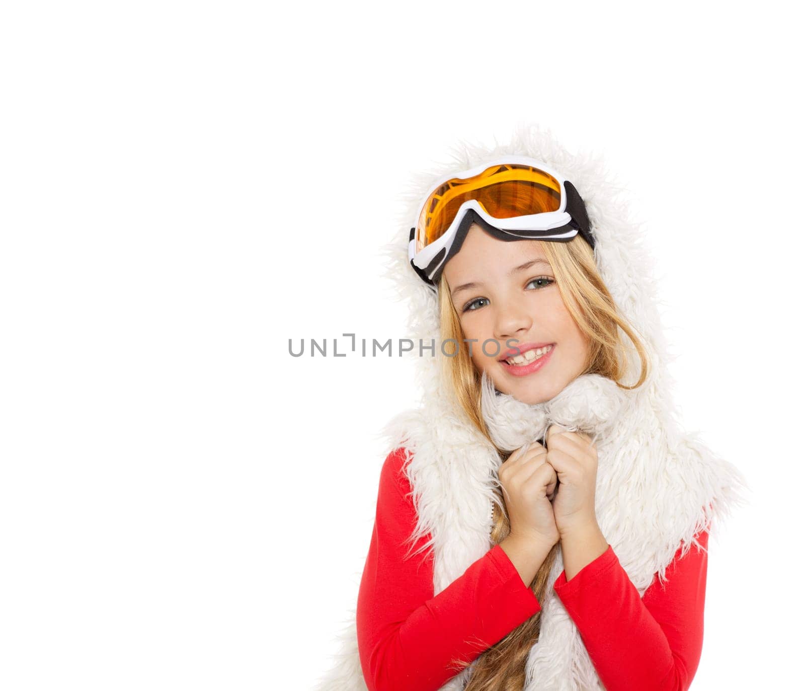 kid girl with snow winter glasses and white fur coat isolated background