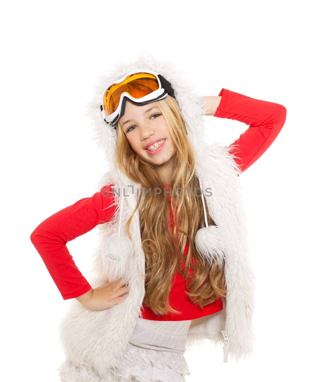 kid girl with snow winter glasses and white fur coat isolated background