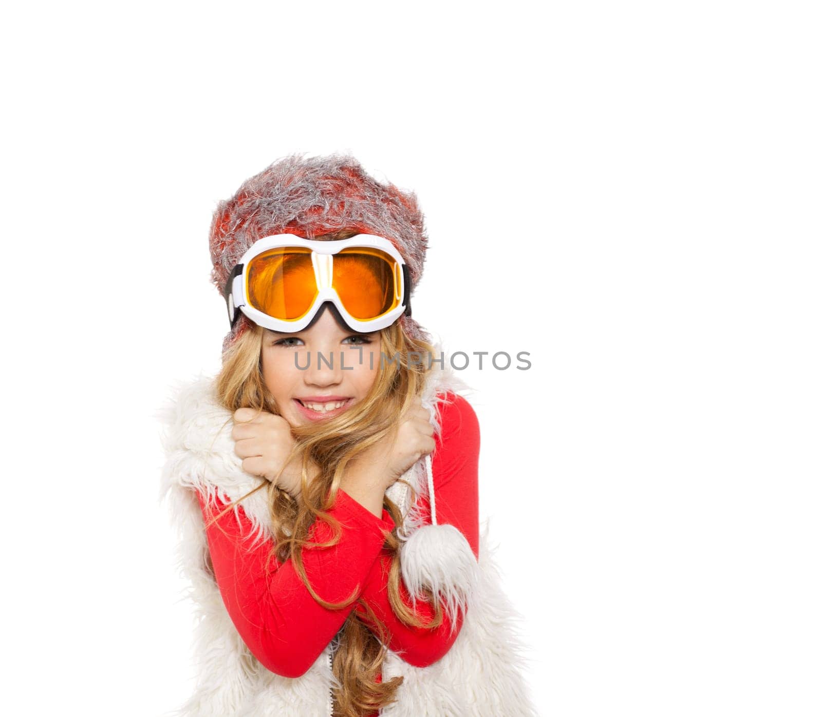kid girl with snow winter glasses and white fur coat isolated background