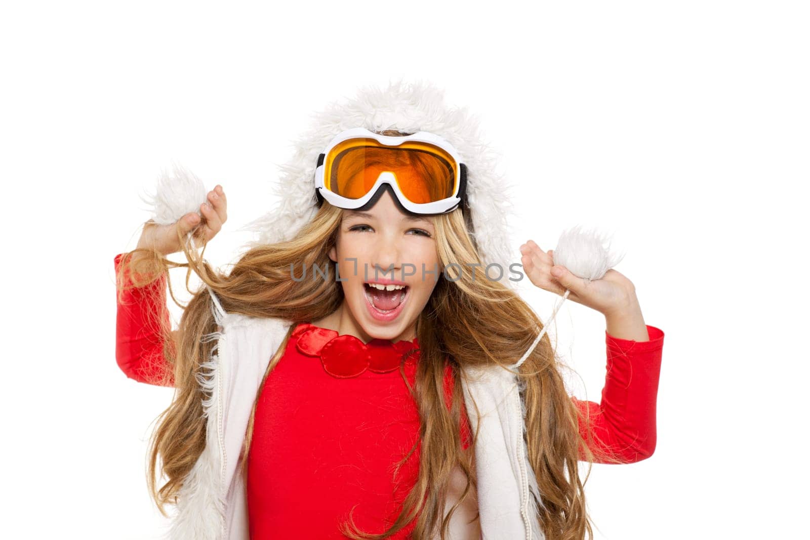 kid girl with snow winter glasses and white fur coat isolated background