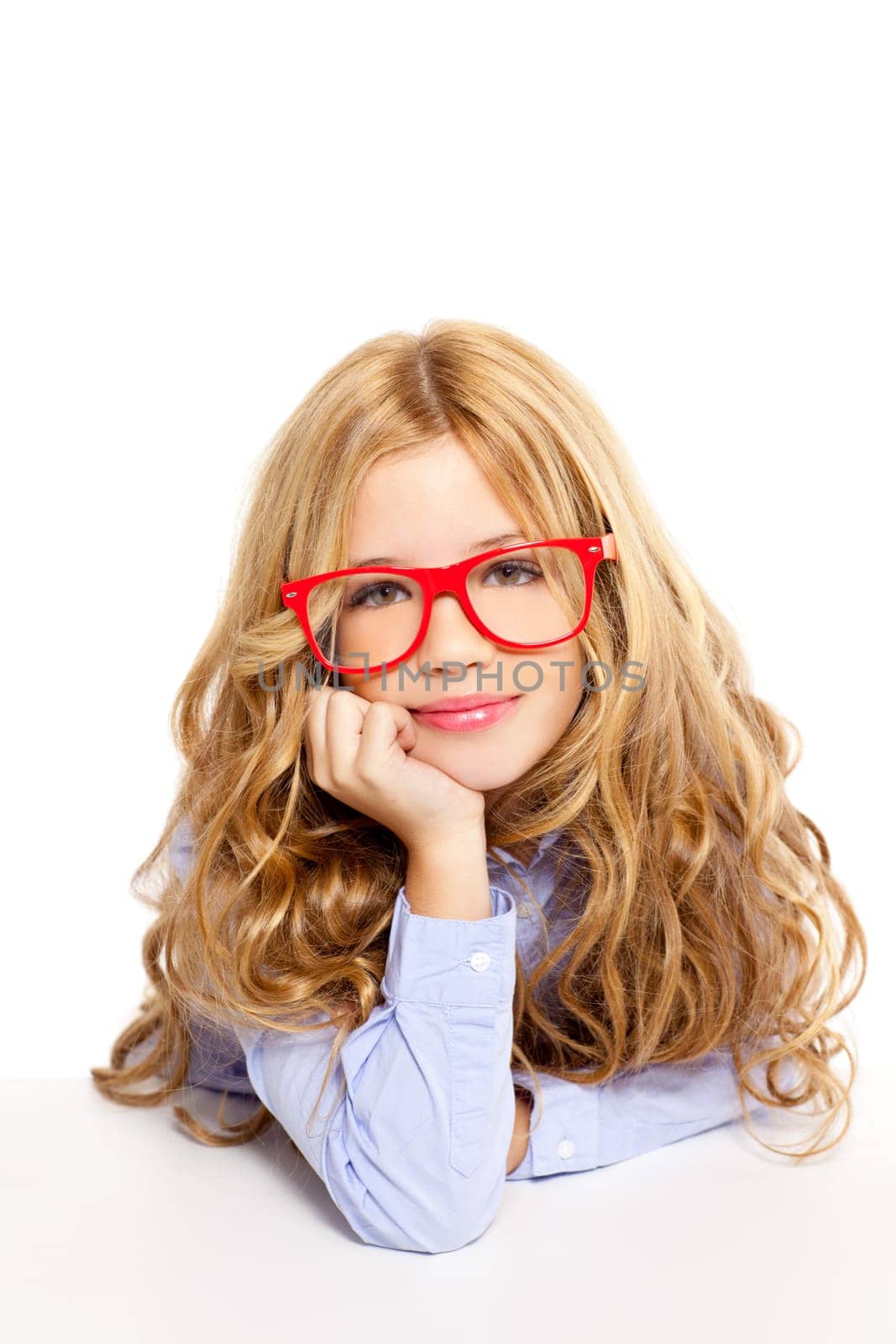 blond fashion kid girl with red glasses portrait isolated on white