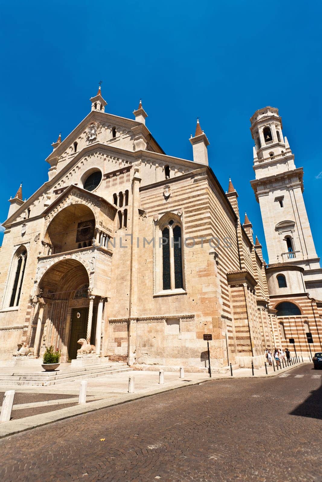 The facade of the catholic middle ages romanic cathedral  in Verona, the city of Romeo and Juliet, Italy