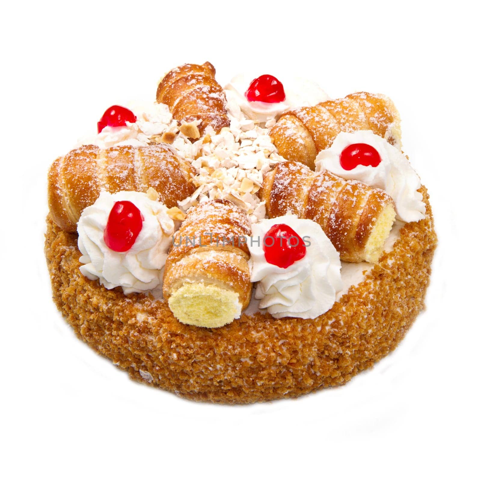 cake with whipped cream and cream puffs