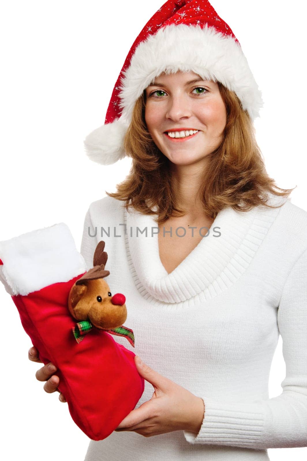 Portrait of the young woman with New Year&#039 s gifts, it is isolated on white