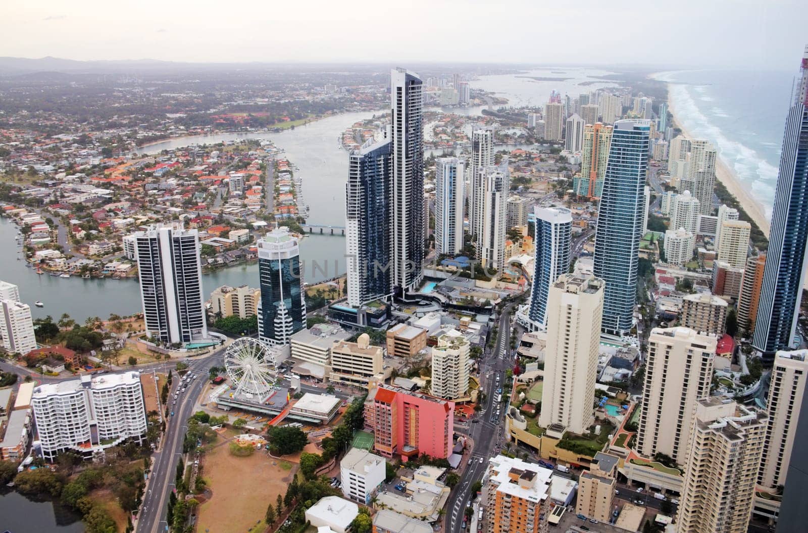 Aerial view of the famed Gold Coast in Queensland Australia looking from Surfers Paradise up to Southport