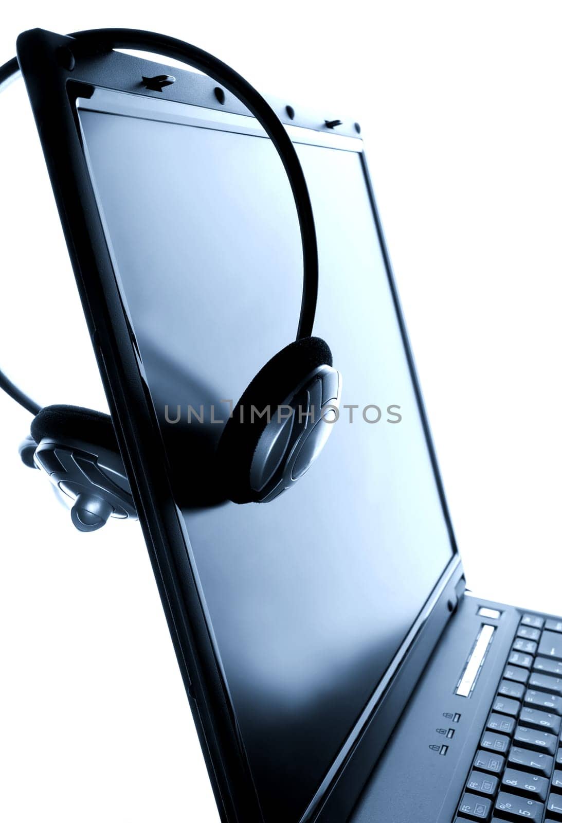 laptop computer with headset close up shoot