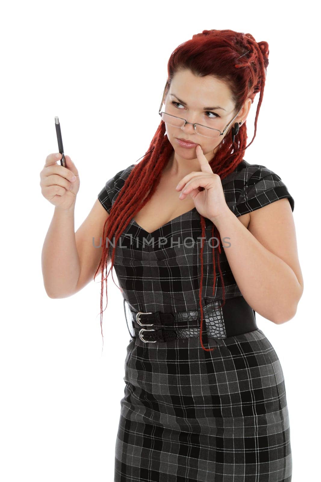 Modern red-haired accountant with pen isolated on white background