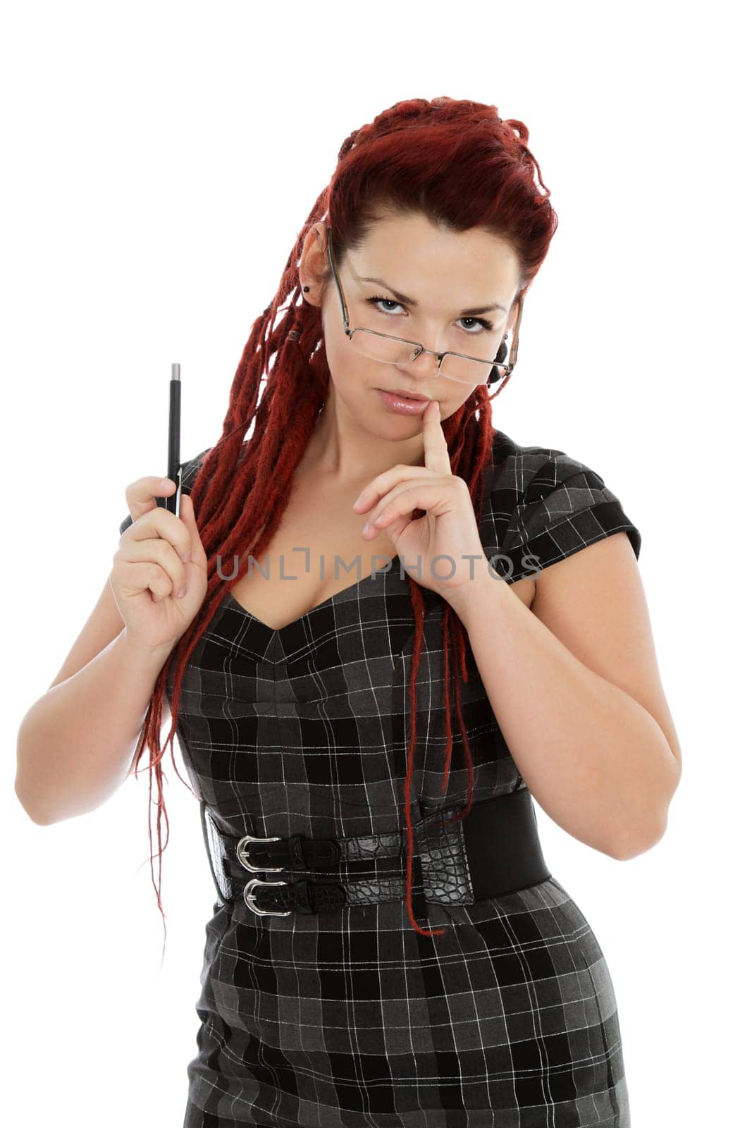 Modern beautiful red-haired accountant with folder of documents isolated on white background