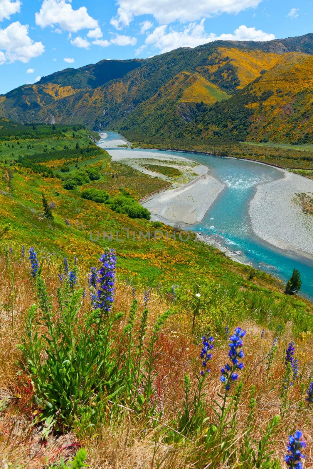 Scenic view of Maruia River from Lewis Pass in New Zealand
