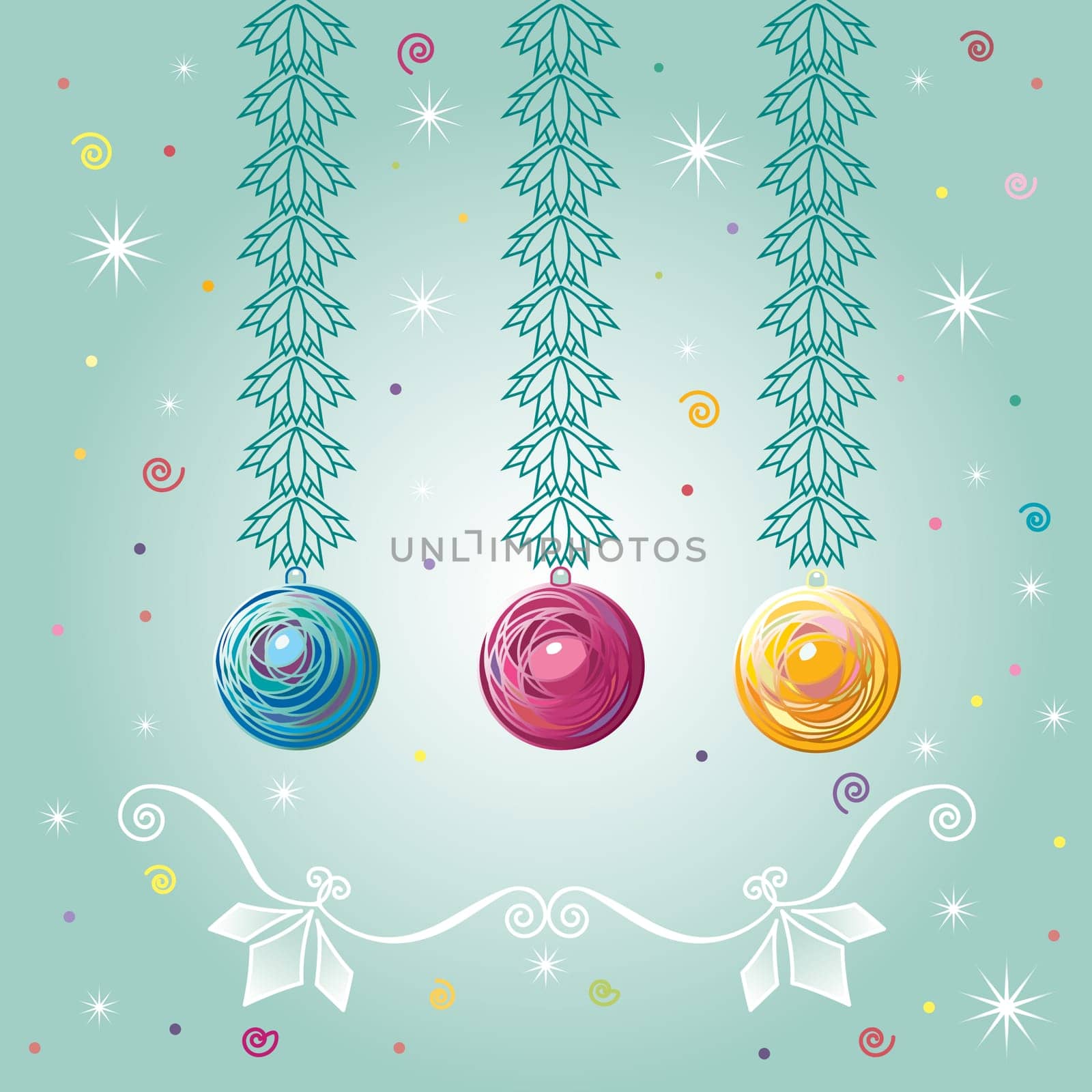 Three Christmas-tree balls. Illustration on green background for design