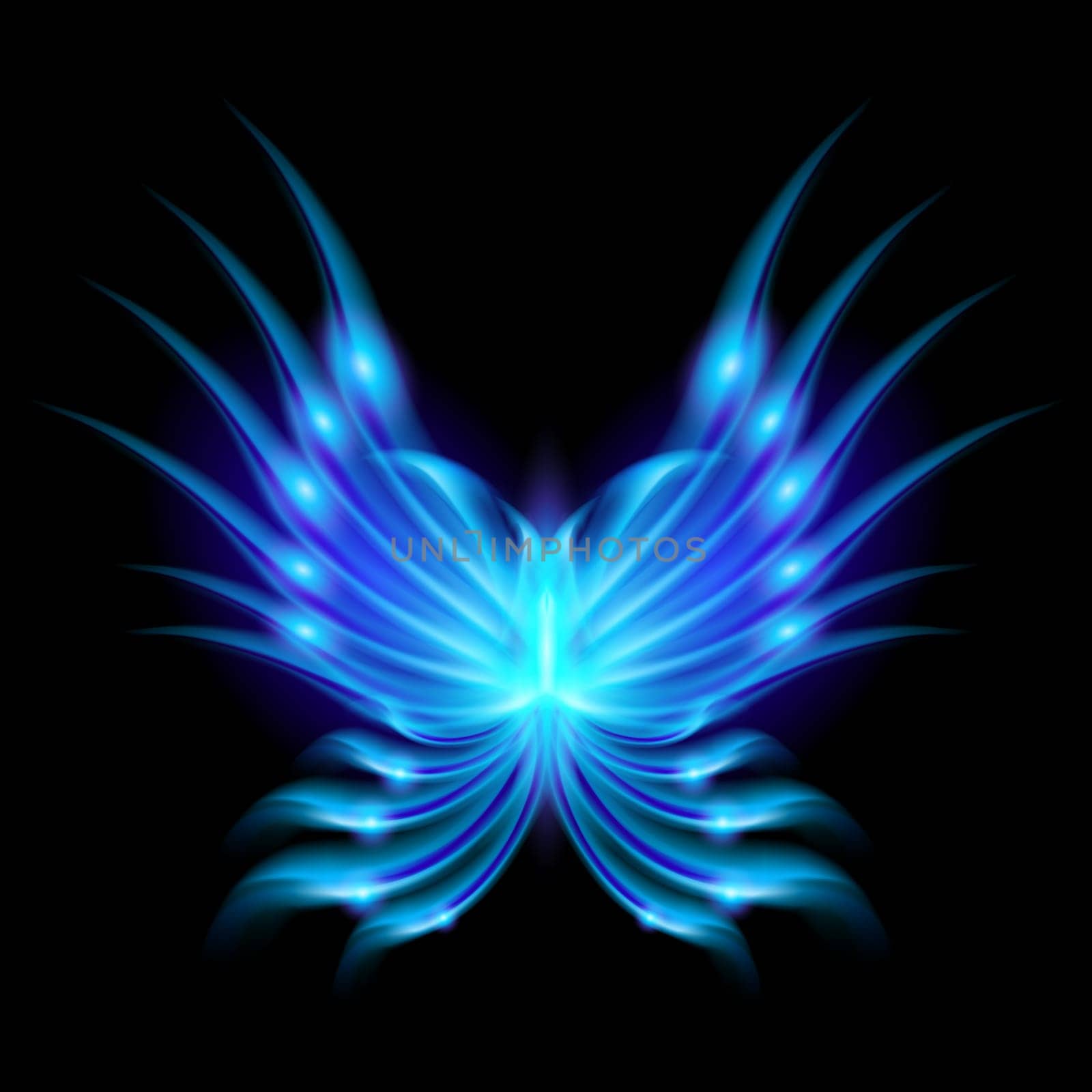 Blue Flying butterfly with fiery wings. Abstract Illustration on black background