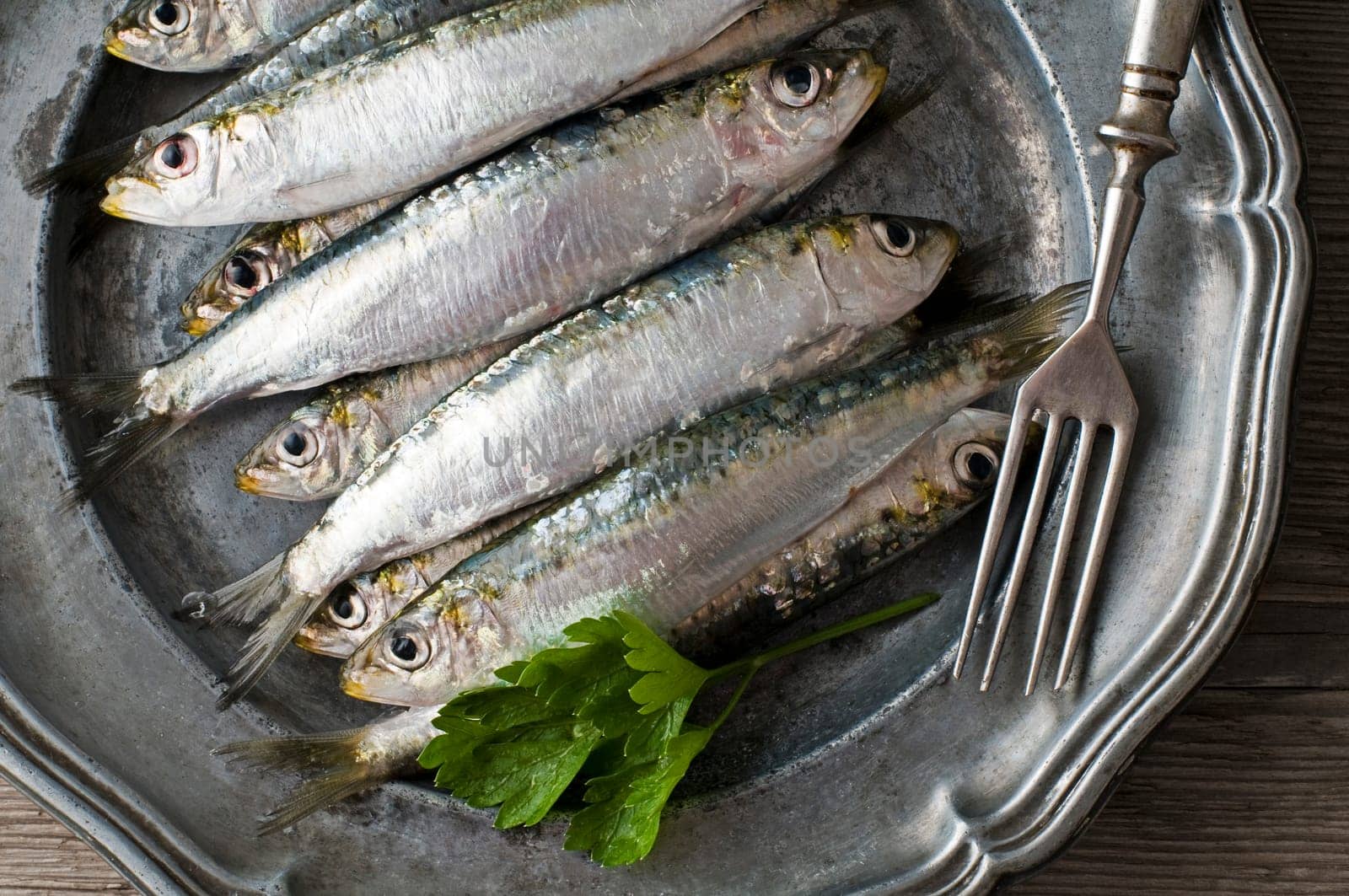 Fresh raw sardines on a plate close up shoot