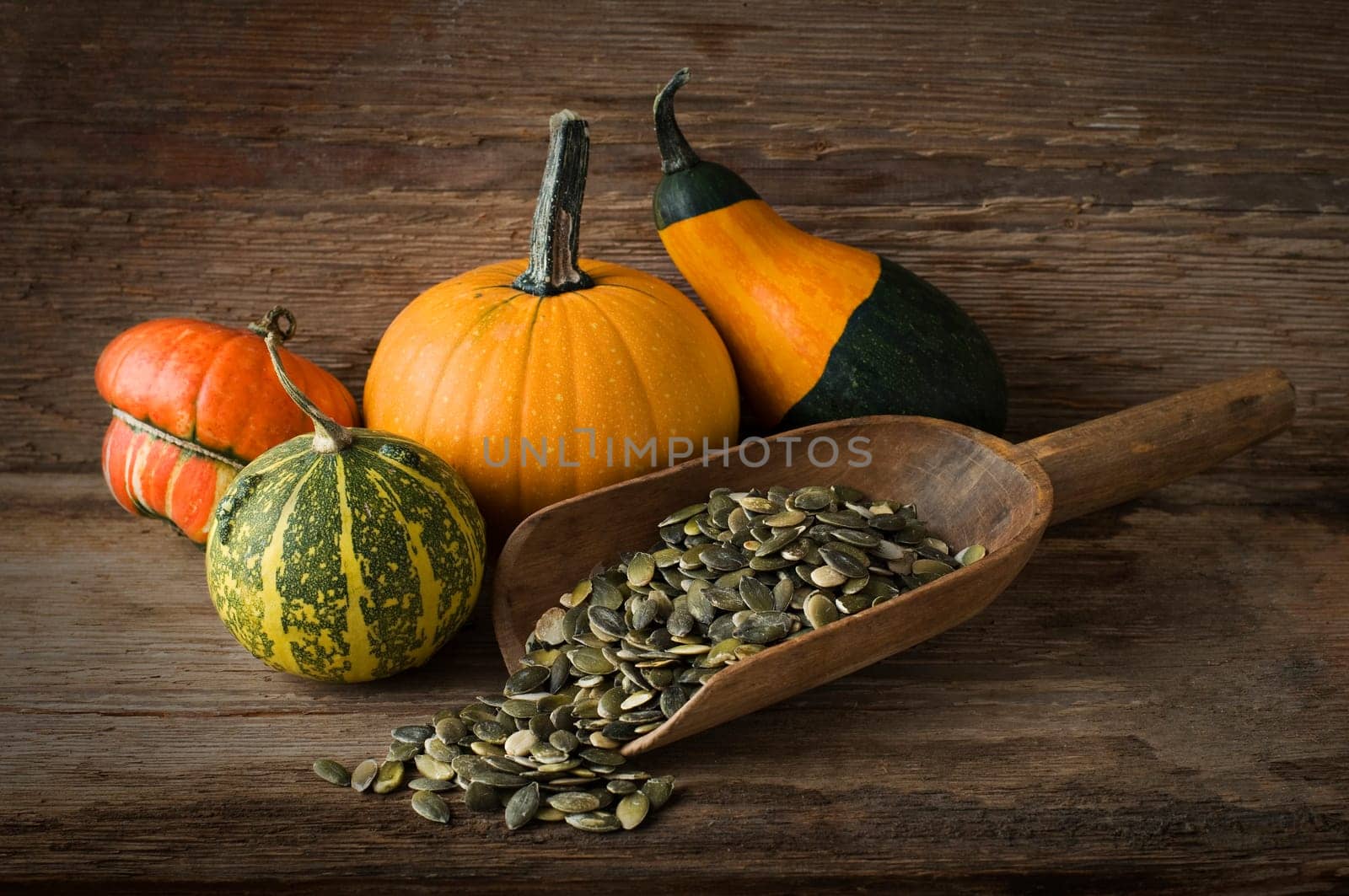 Mixed pumpkins and seeds on wooden background close up