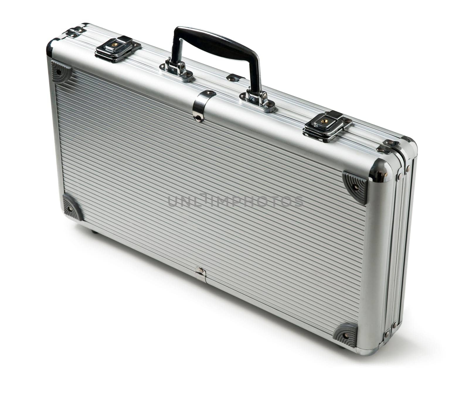 Silver metal briefcase isolated against a white background
