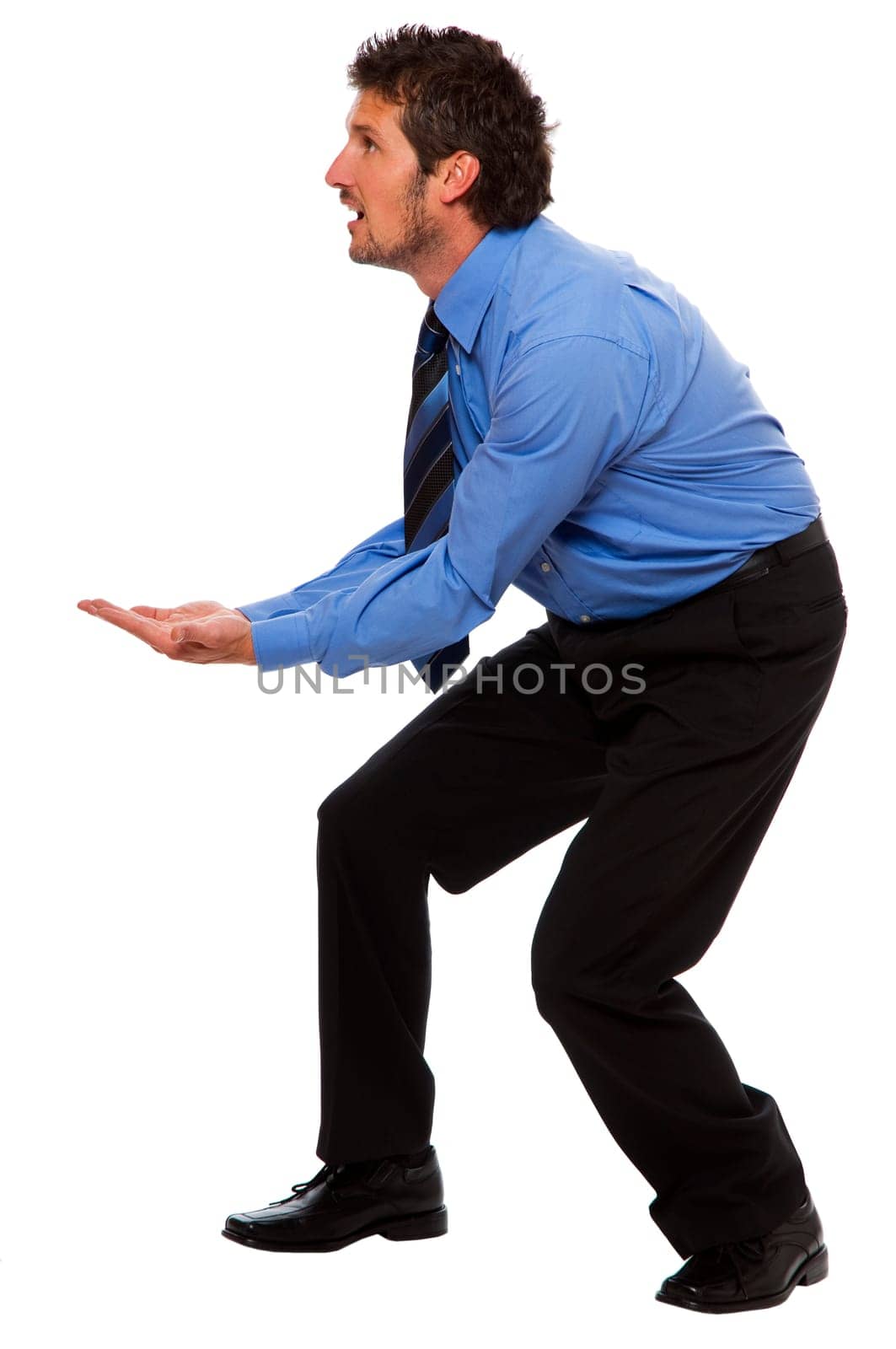 young business men lifting something isolated on white