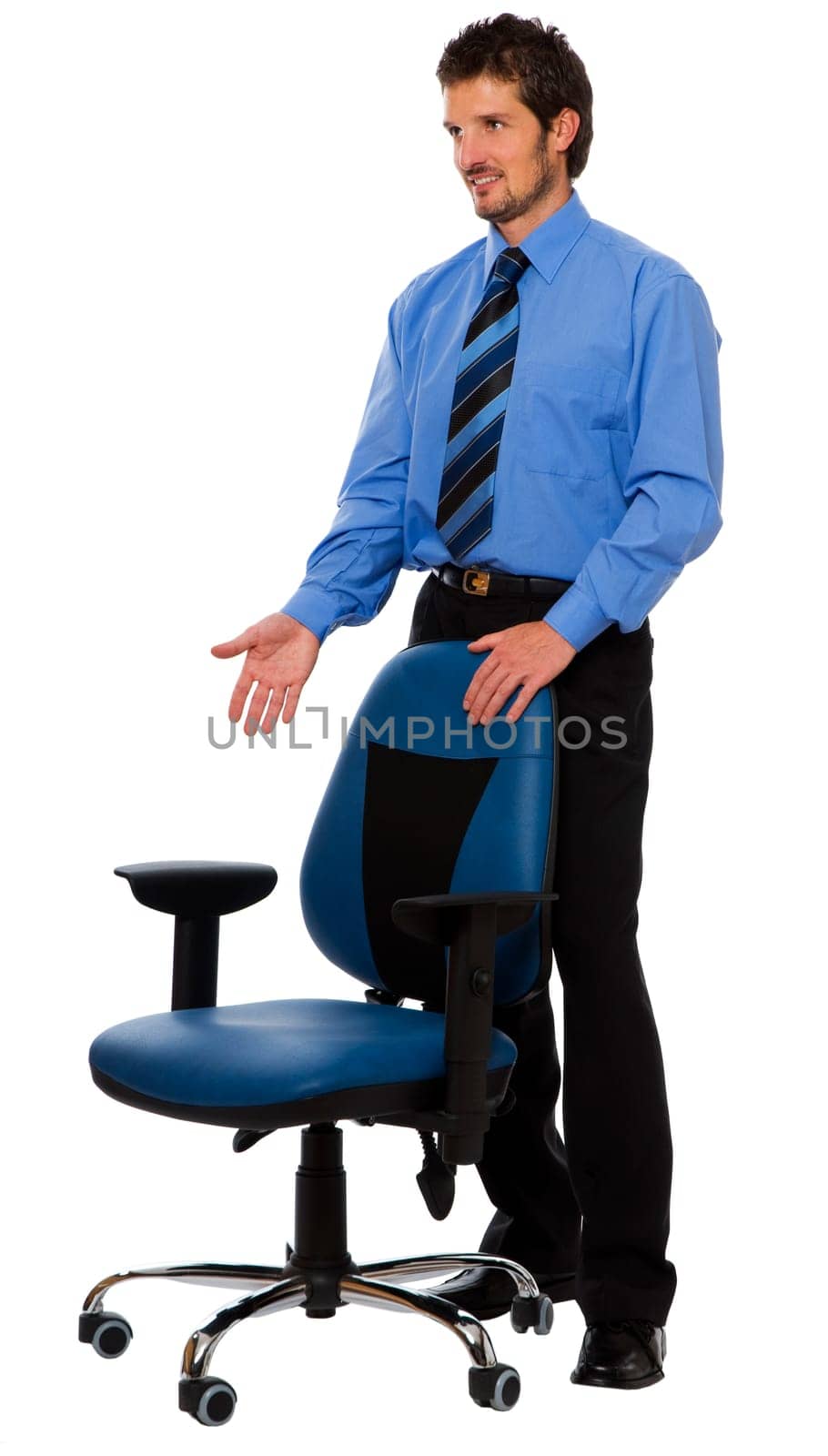 young confident business man with chair on white
