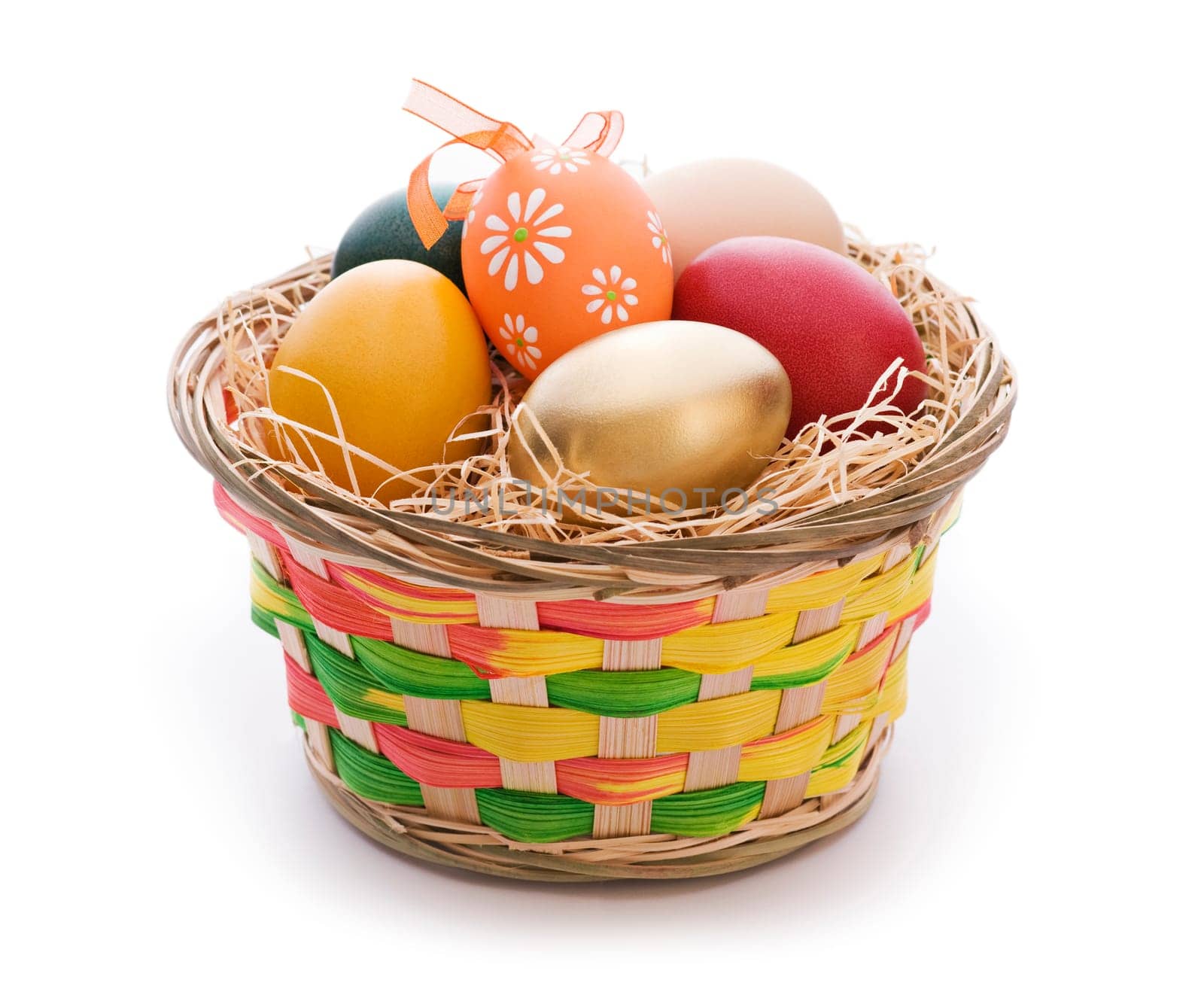 Colorful easter eggs in a basket isolated on white