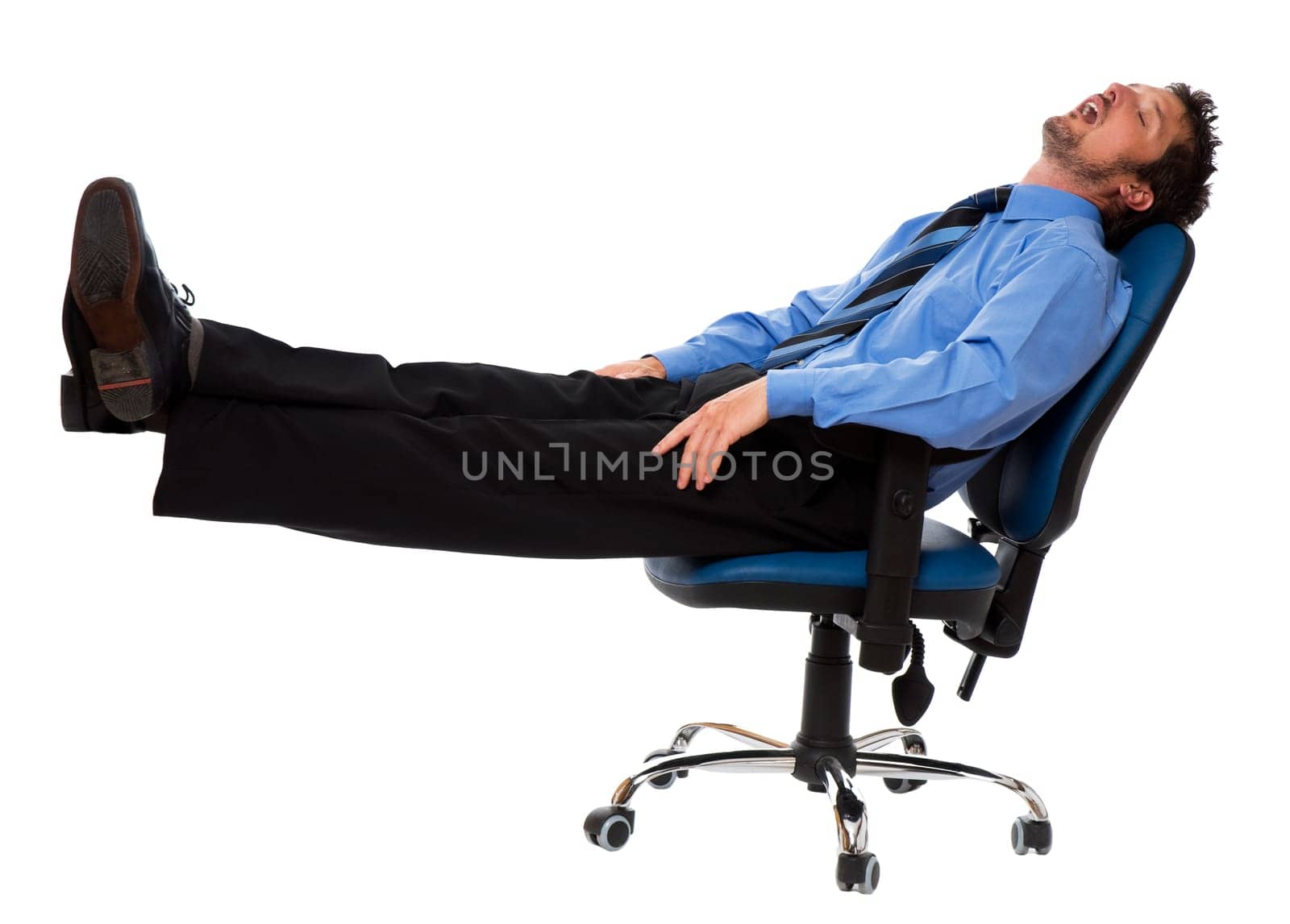 young business men sleeping in a chair isolated on white
