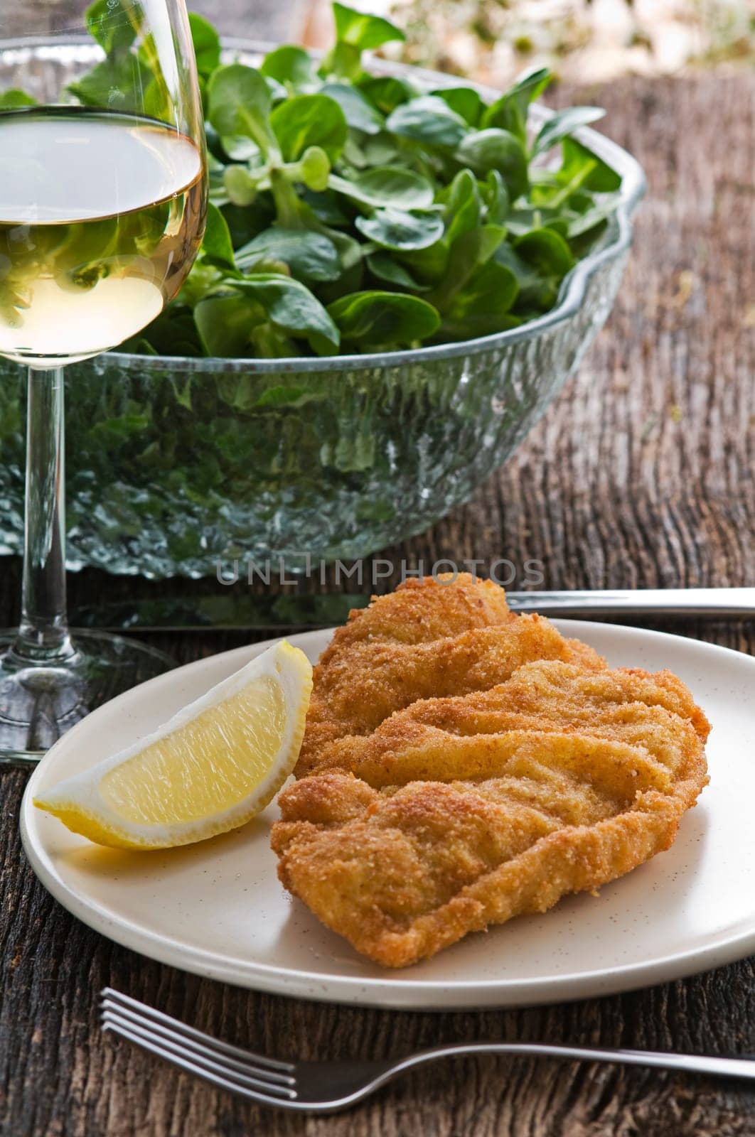 Fresh fried chicken steak with salad close up shoot