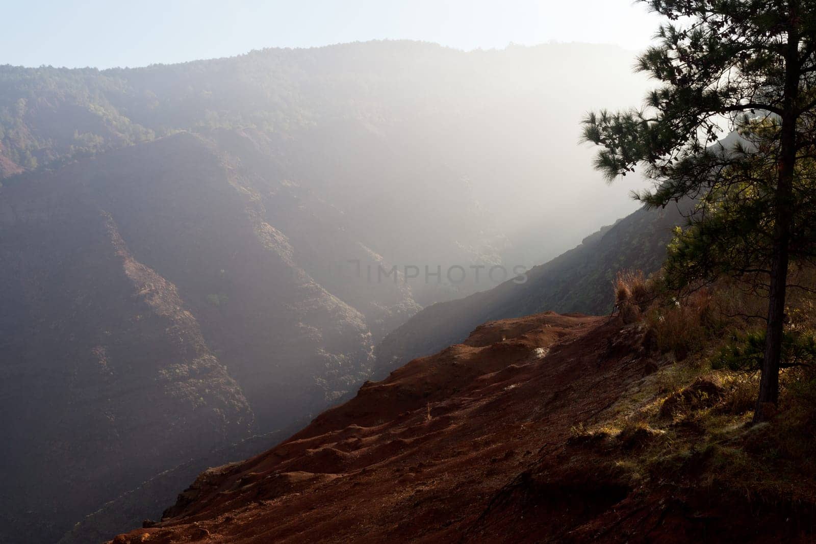 Early light illuminates the steep rock sides of Waimea Canyone on Kauai