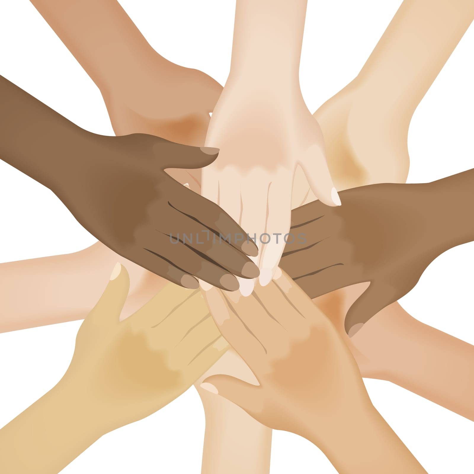 Circle of multiracial human hands. Illustration on white background
