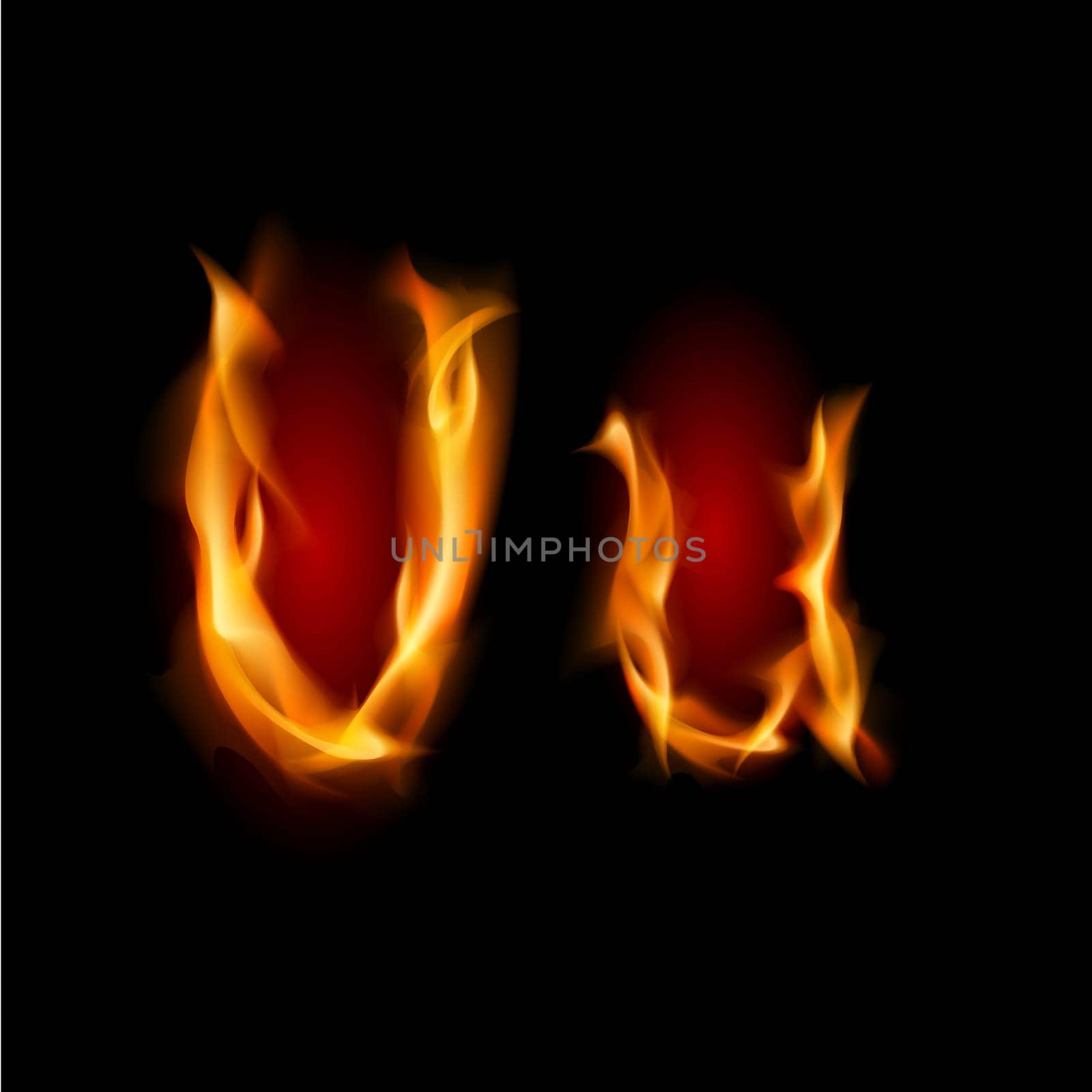 Raster version. Fiery font. Letter U. Illustration on black background