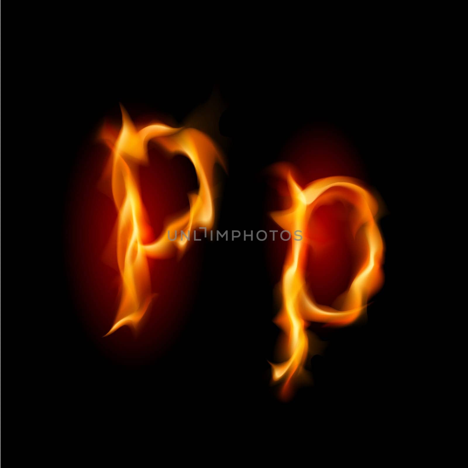 Raster version. Fiery font. Letter P. Illustration on black background
