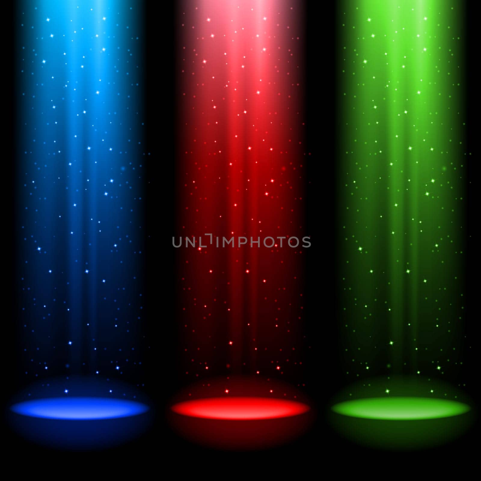 Three RGB shafts of light shines a spotlight into the black