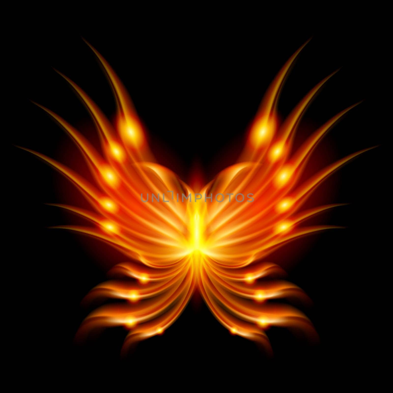 Flying butterfly with fiery wings. Abstract Illustration on black background