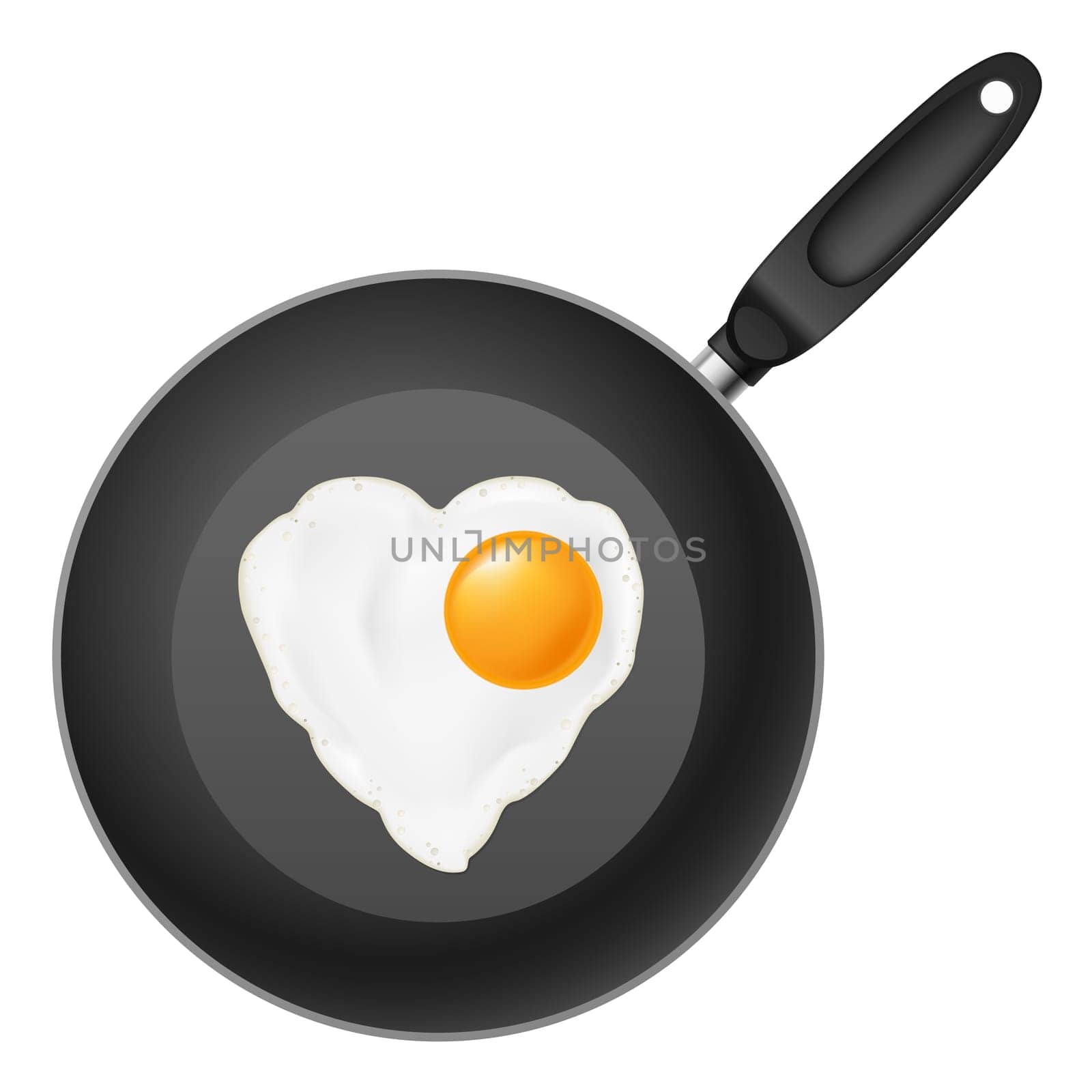 Frying pan with heart-shaped fried egg. Illustration on white background
