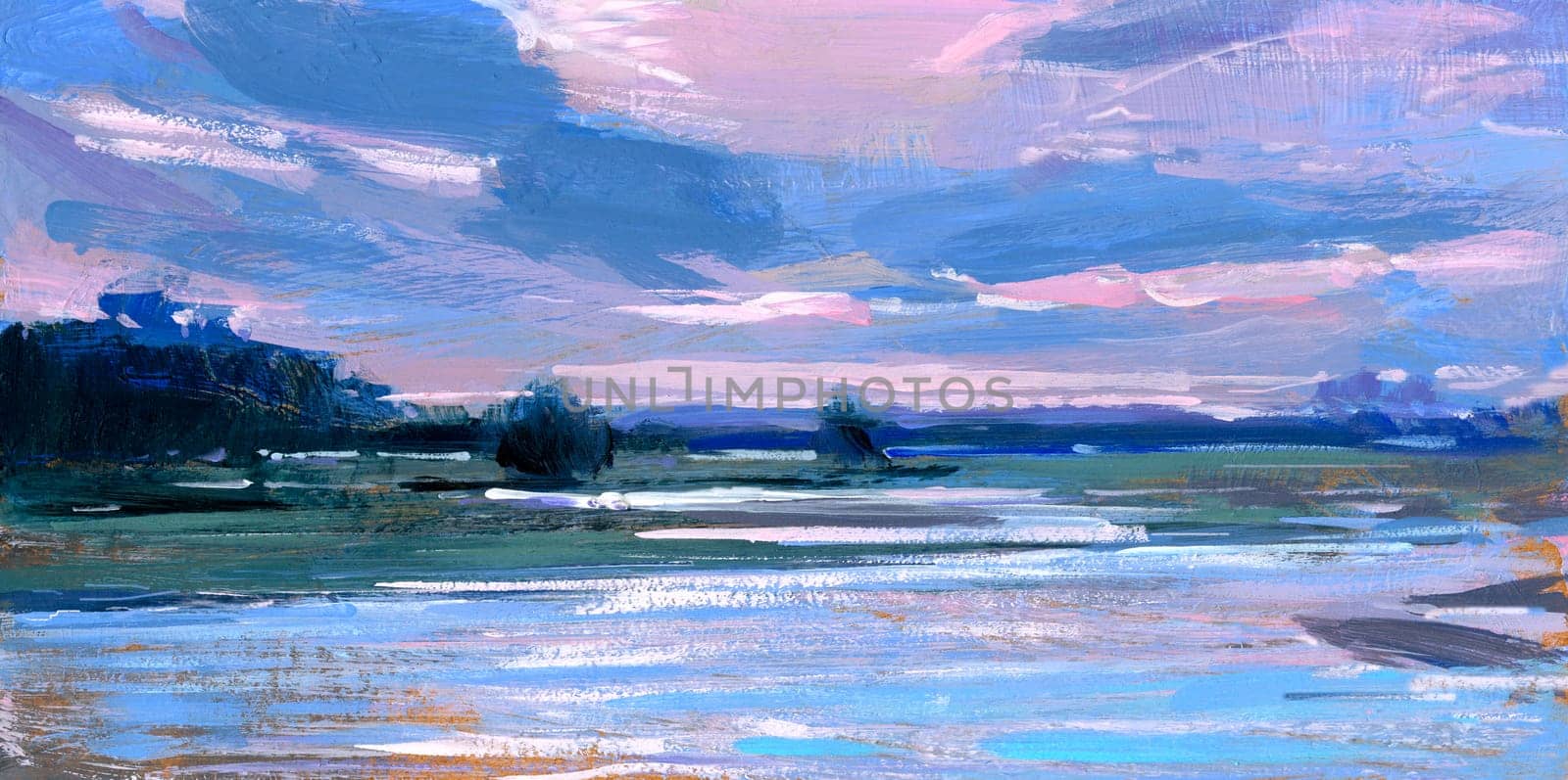 Landscape painted with acrylic paints - "Flooded Leine near Hanover"""