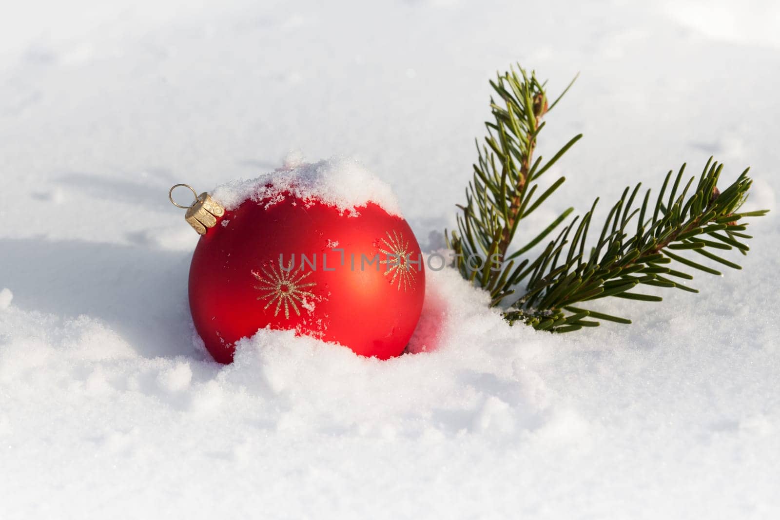 Red Christmas ball,symbol with fir branch in the snow