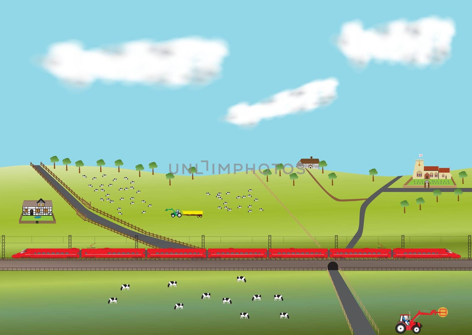 A High Speed Train travelling through farmland with old Church and  thatched cottages