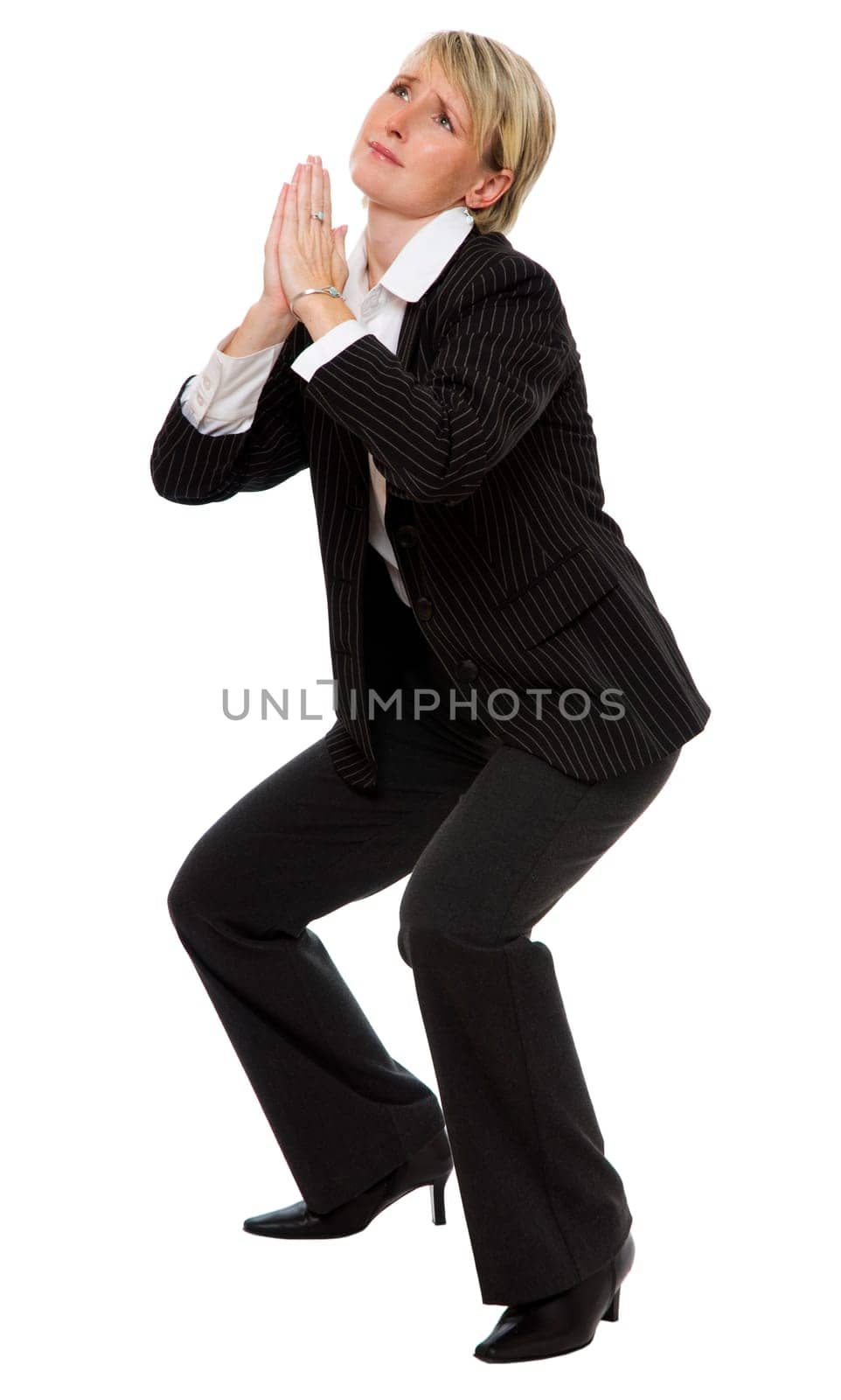 young business woman begging isolated on white