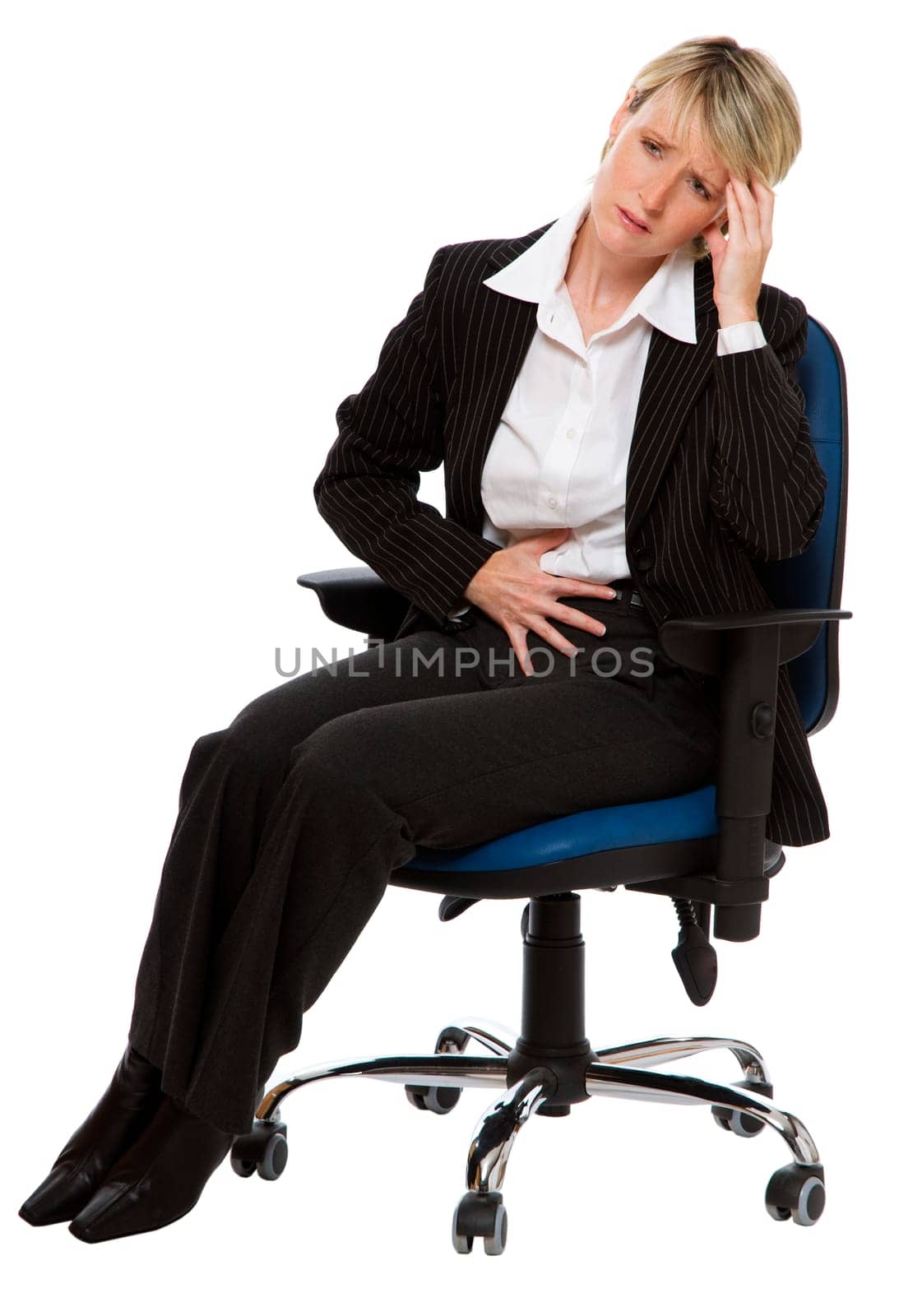 young business woman having pain isolated on white