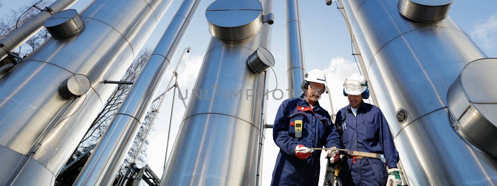 oil-workers, engineers with large pipelines, pipes, in background, panoramic view