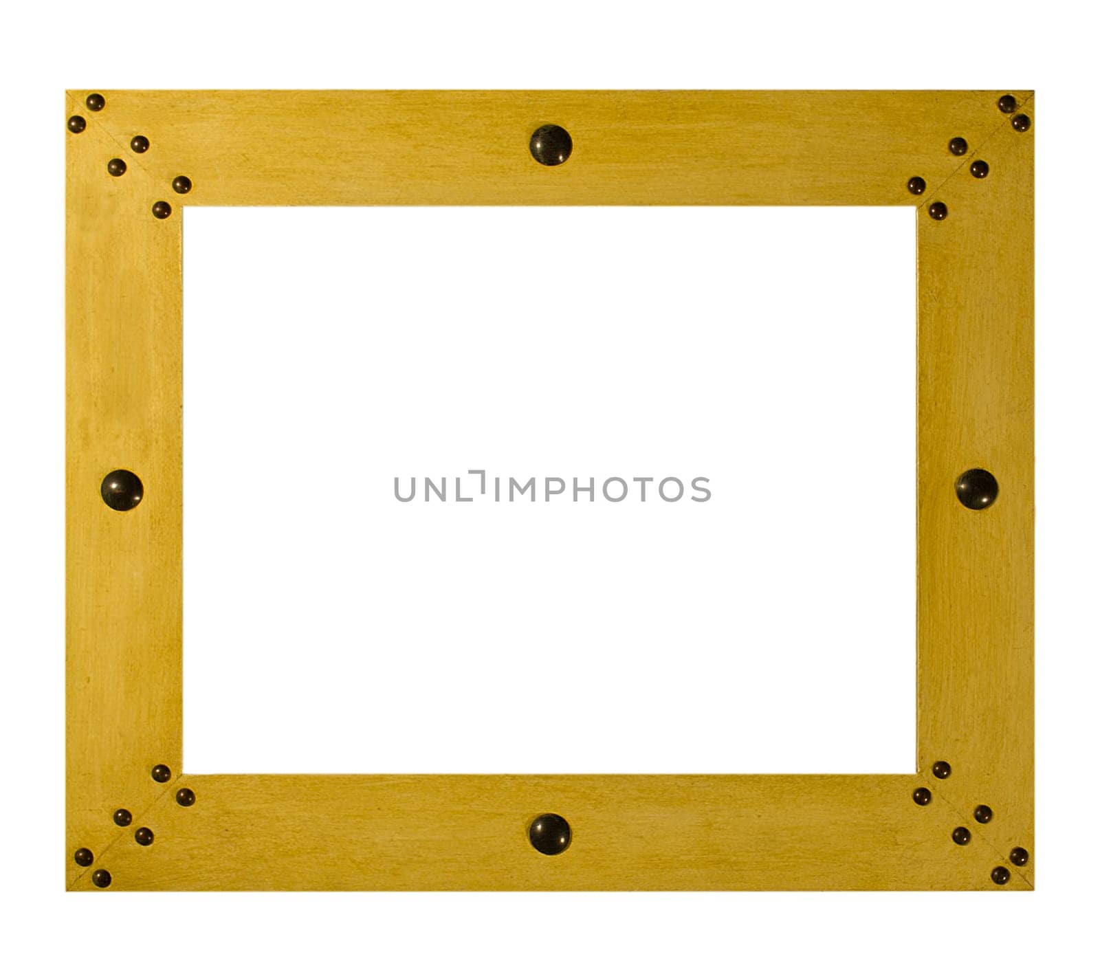 A wooden picture frame with metal studs