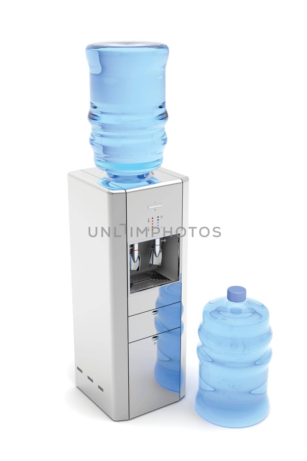 Silver water dispenser with bottles on white