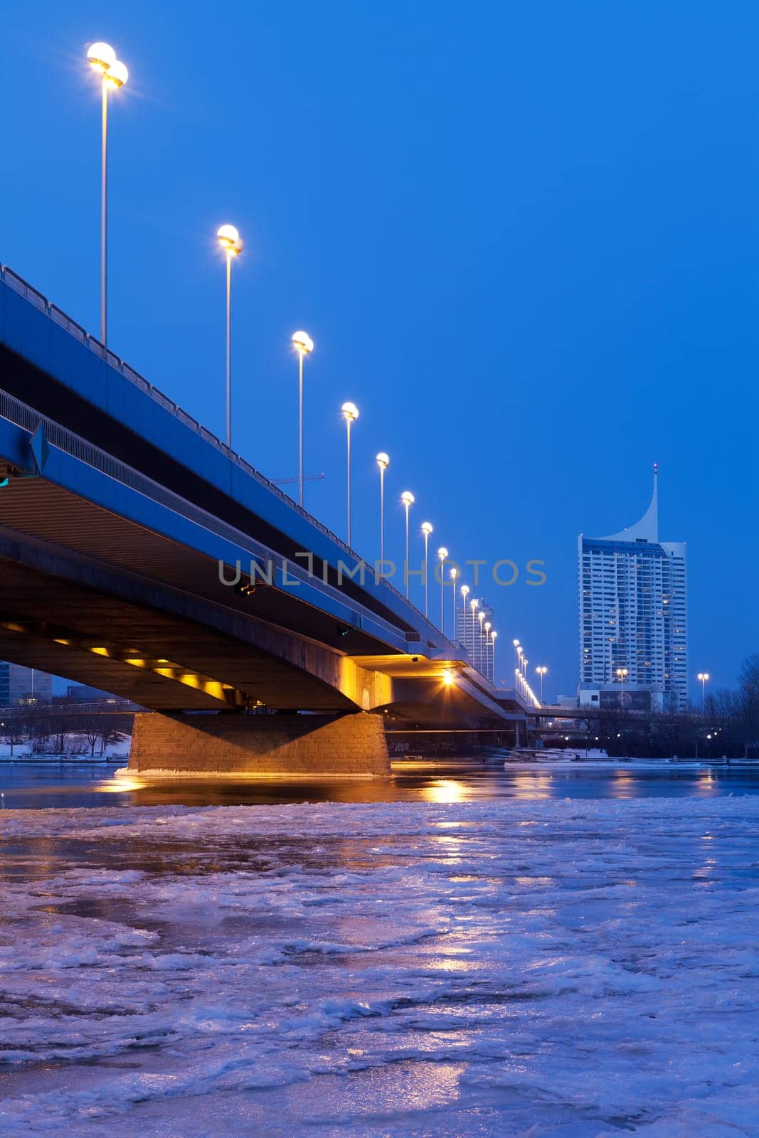 Vienna at night,Danube,icy water in winter