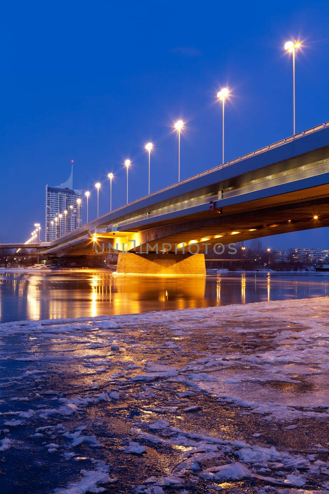 Vienna at night,Danube,icy water in winter