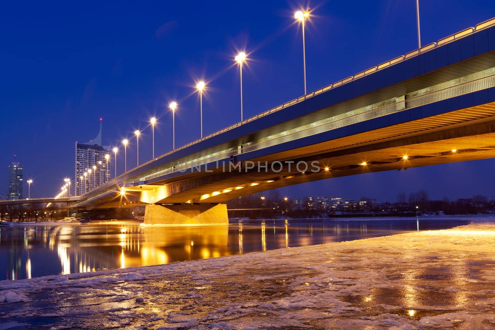 Vienna at night,Danube,icy water in winter